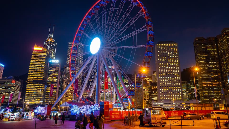 The Hong Kong Observation Wheel which includes night scenes, street scenes and a city