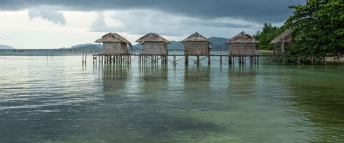 Destroyed water house on the coast of the village of Saporkren Waisai, Raja Ampat