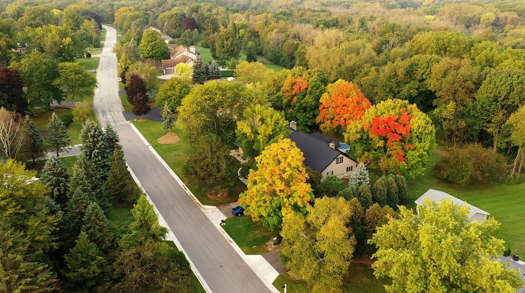 Aerial drone view of American suburban neighborhood. Establishing shot of America's suburb. Residential single family houses pattern. Autumn Fall season
