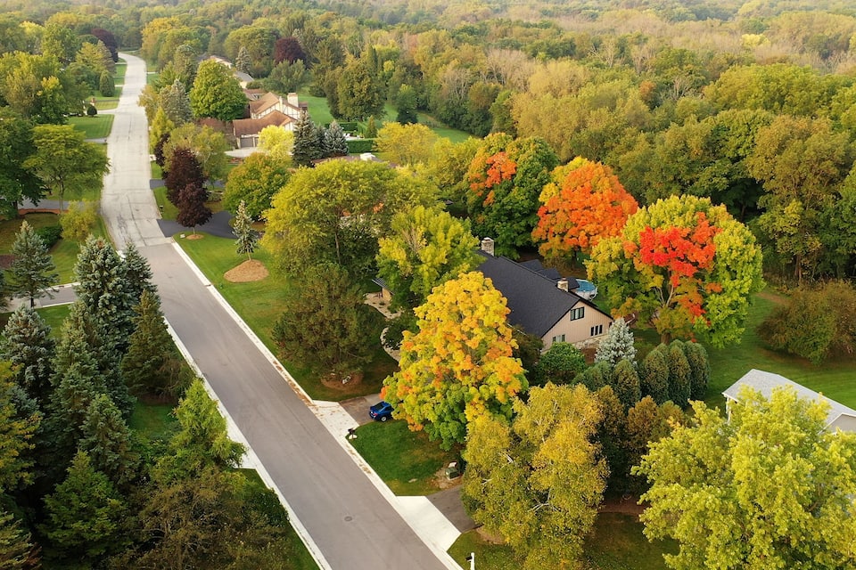 Luchtbeeld van een woongebied met een hoofdweg, huizen en diverse bomen in herfstkleuren.