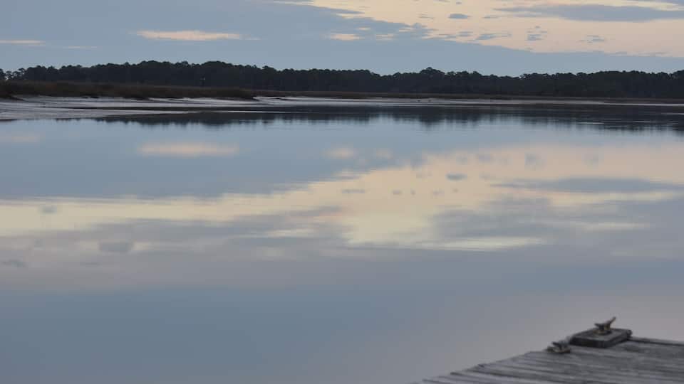 A calm lake with a wooden dock and a forest in the background.