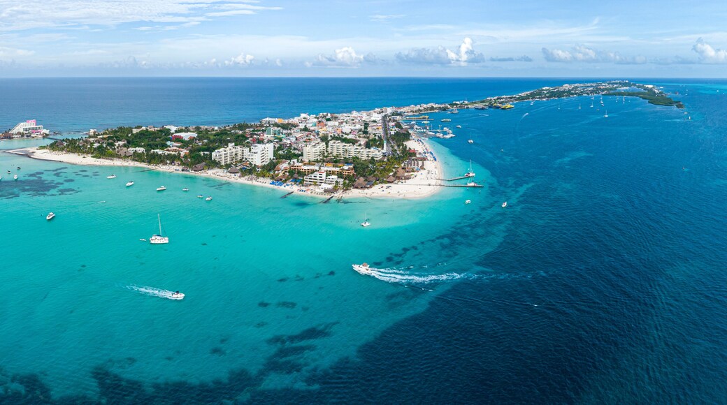 Drone shot of Playa Norte beach at Isla Mujeres, island located near Cancun