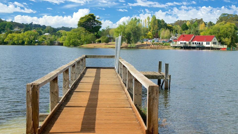 A wooden pier extending into a calm lake, surrounded by lush greenery and a small house with a red roof.