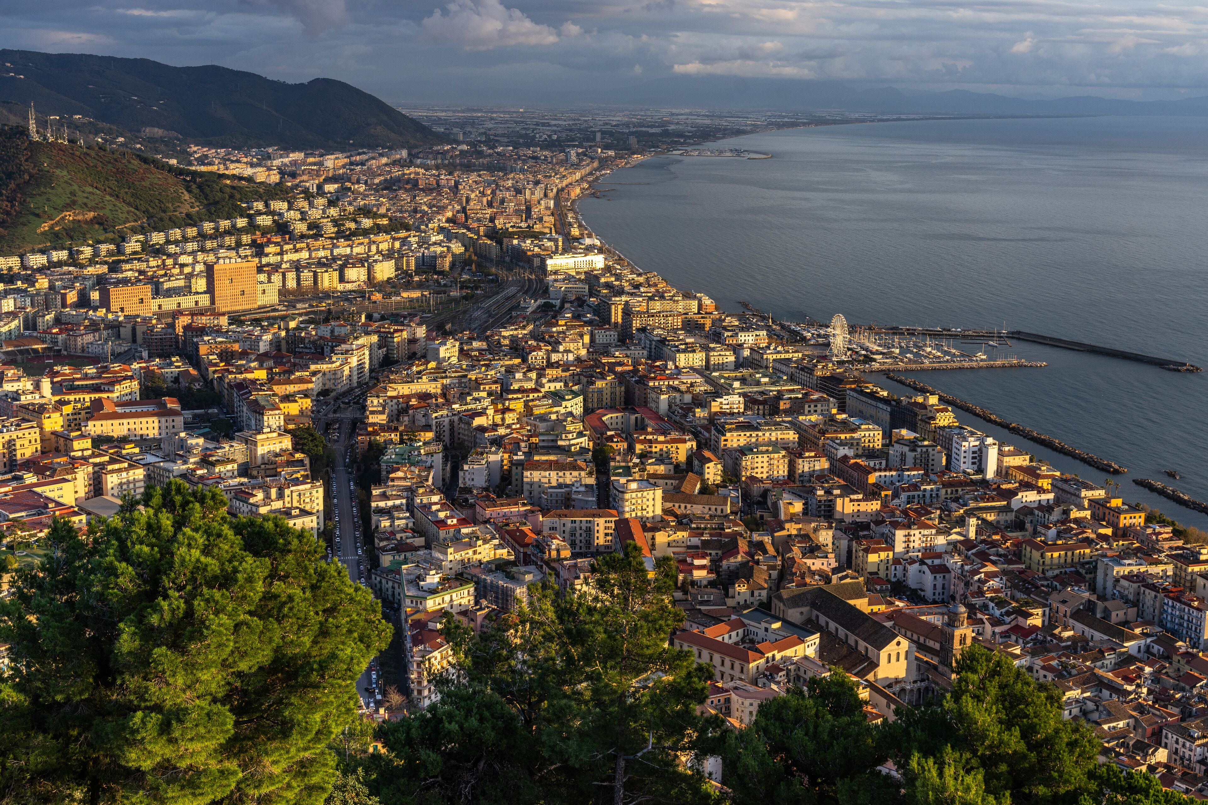 Scenic panoramic view of Salerno at sunset, seen from Arechi Castle, the best viewpoint of the city, Campania, Italy