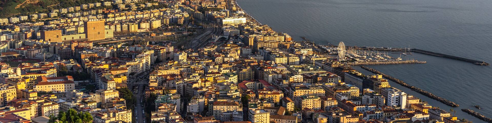 Scenic panoramic view of Salerno at sunset, seen from Arechi Castle, the best viewpoint of the city, Campania, Italy