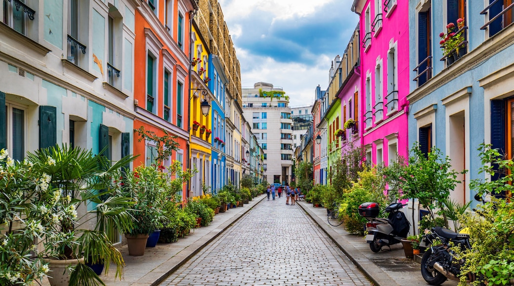 Cremieux Street (Rue Cremieux), Paris, France. Rue Cremieux in the 12th Arrondissement is one of the prettiest residential streets in Paris. Colored houses in Rue Cremieux street in Paris. France.