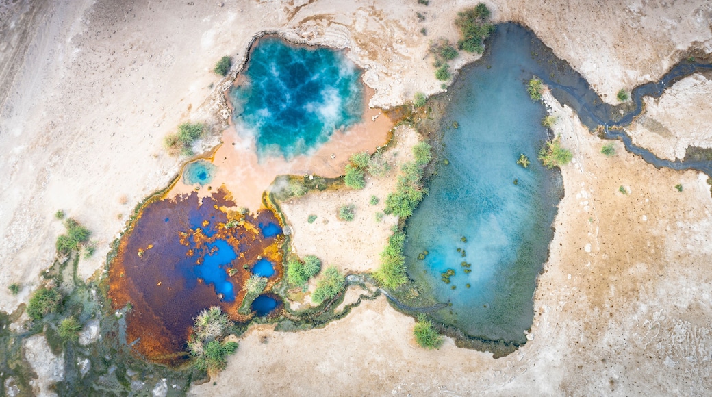 Aerial view by drone of steam of Ala Lobet (Alol Bet) geyser from above, Semera, Afar Region, Ethiopia