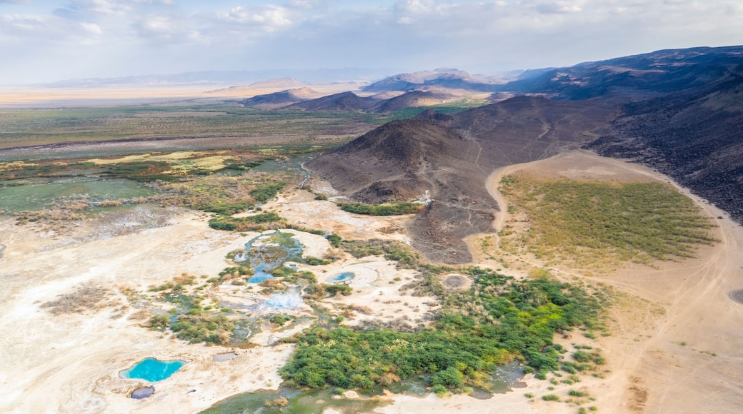 Aerial view by drone of Ala Lobet (Alol Bet) geyser and volcanic landscape, Semera, Afar Region, Ethiopia
