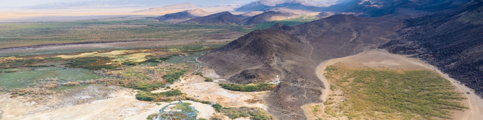 Un extenso paisaje desértico con parches de vegetación verde, un río sinuoso y montañas lejanas bajo un cielo despejado.