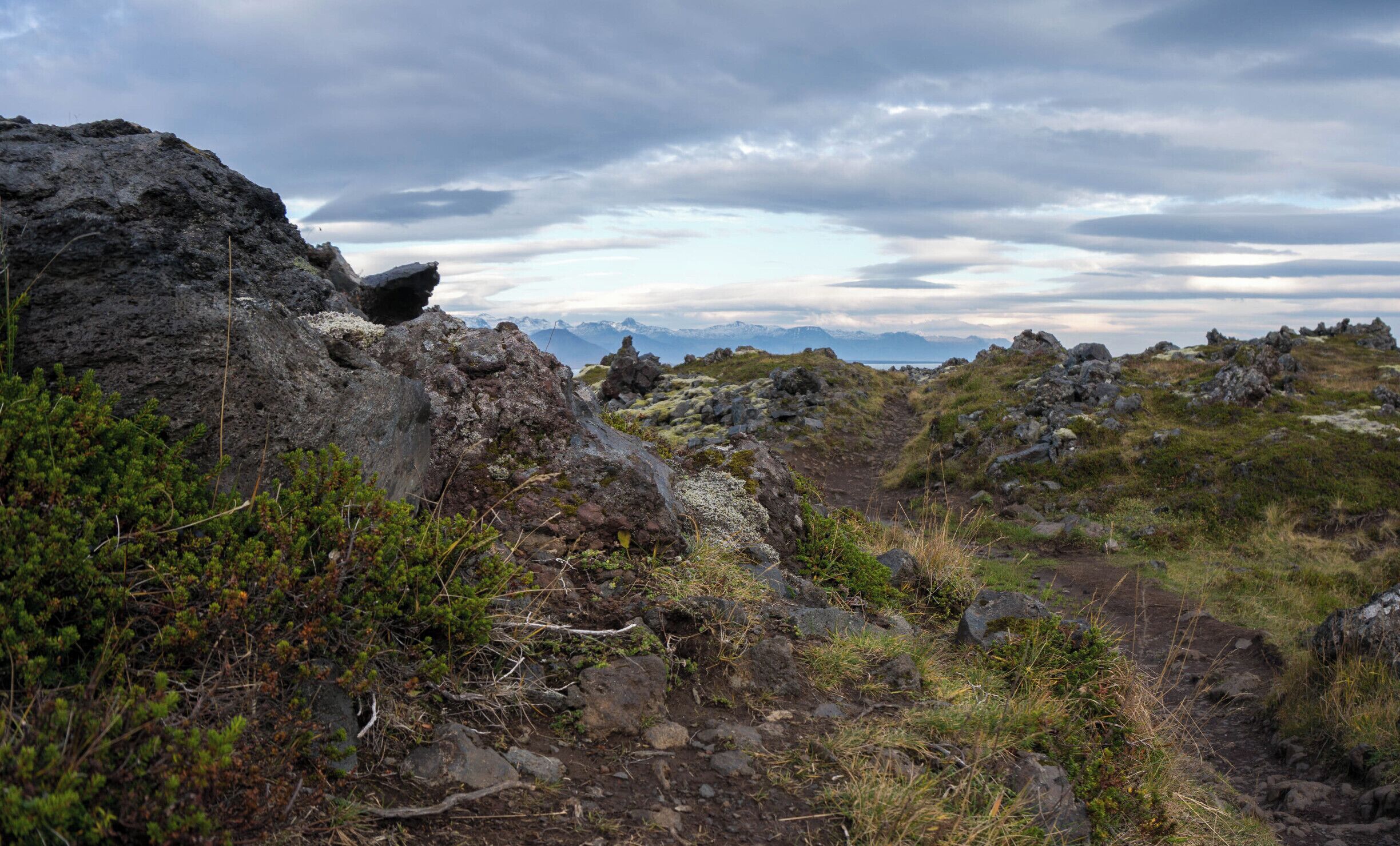 The walk from Arnarstapi to Hellnar (or Hellnar to Arnarstapi) is a great short hike (~2.5km) right off the ring road on Snæfellsnes Peninsula.  In Arnarstapi the trail is marked to the right off the main path past the stone monument and  follows the cliffside.  The return trip on the lava splattered trail exposes the mountains and the cliffs from all new angles.