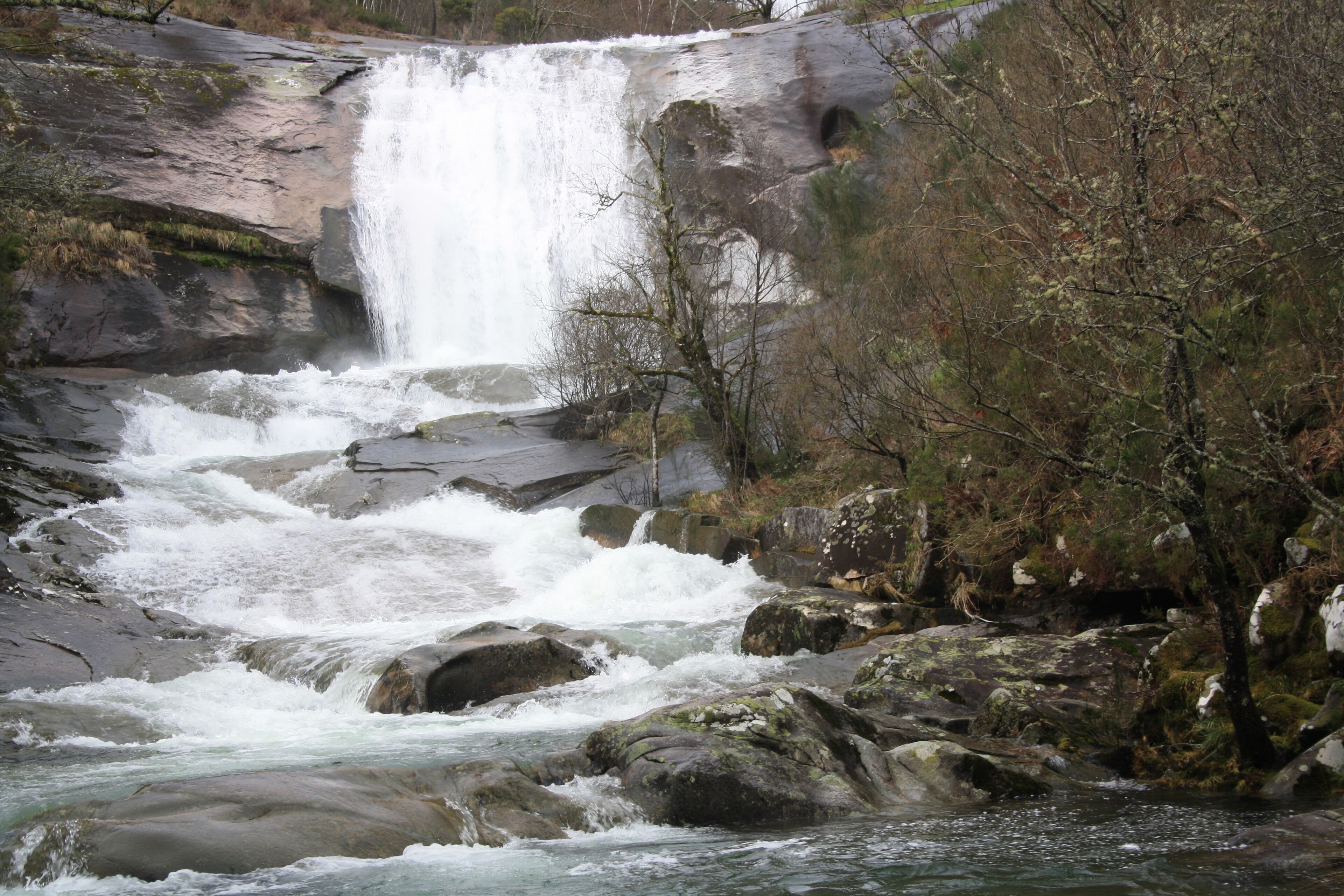 A waterfall cascading over rocks in a forested area.