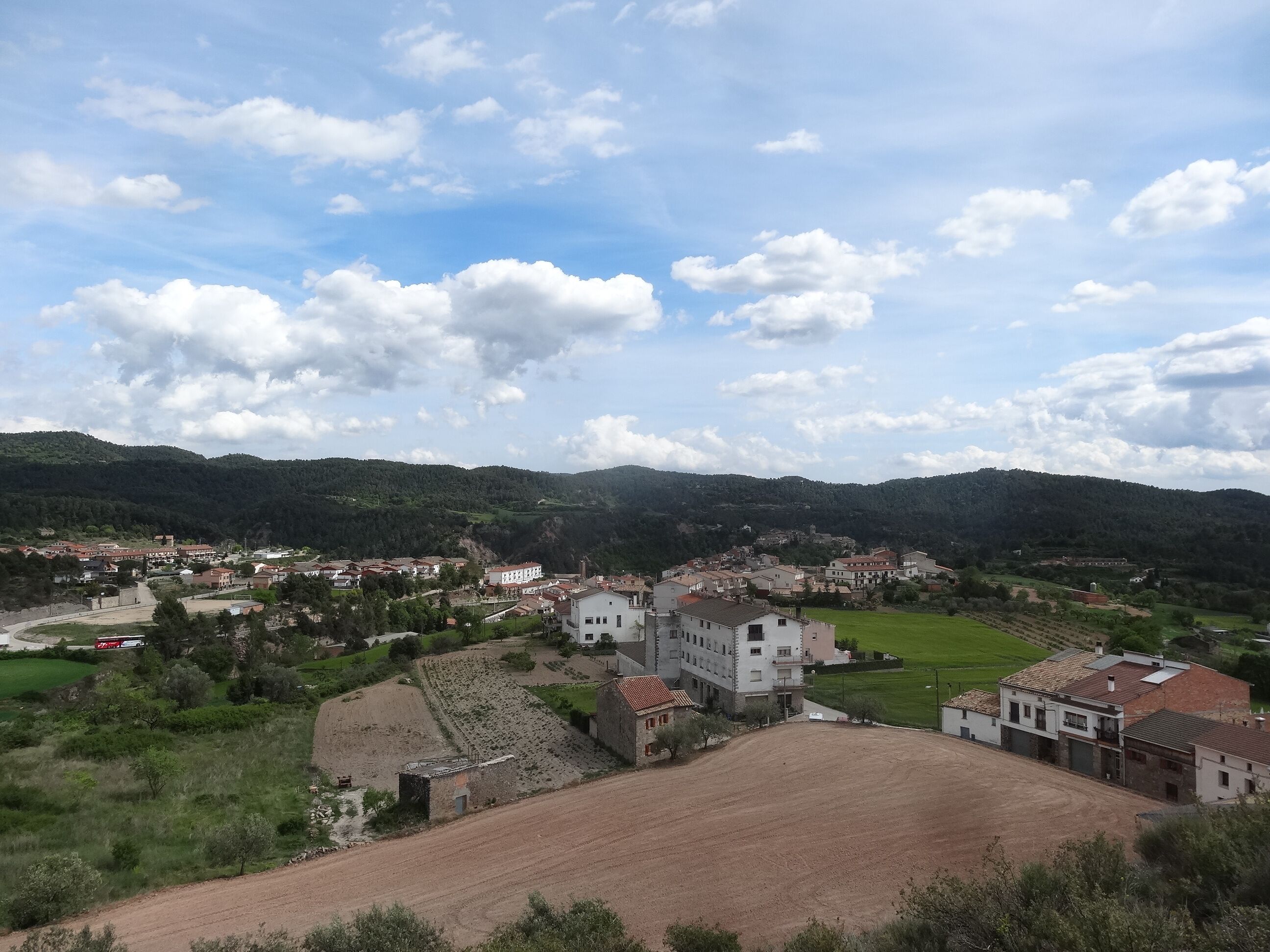 A rural landscape with a village, green fields, and mountains in the background.