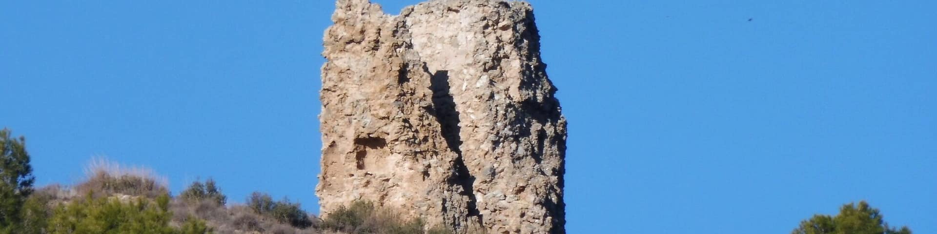 A rocky tower on a hill with dense green trees at its base.