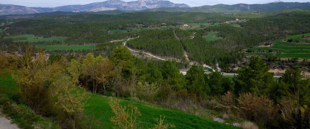 A mountainous landscape with a winding road, green fields, and scattered buildings.