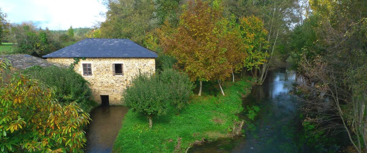 A stone house by a narrow river surrounded by greenery.