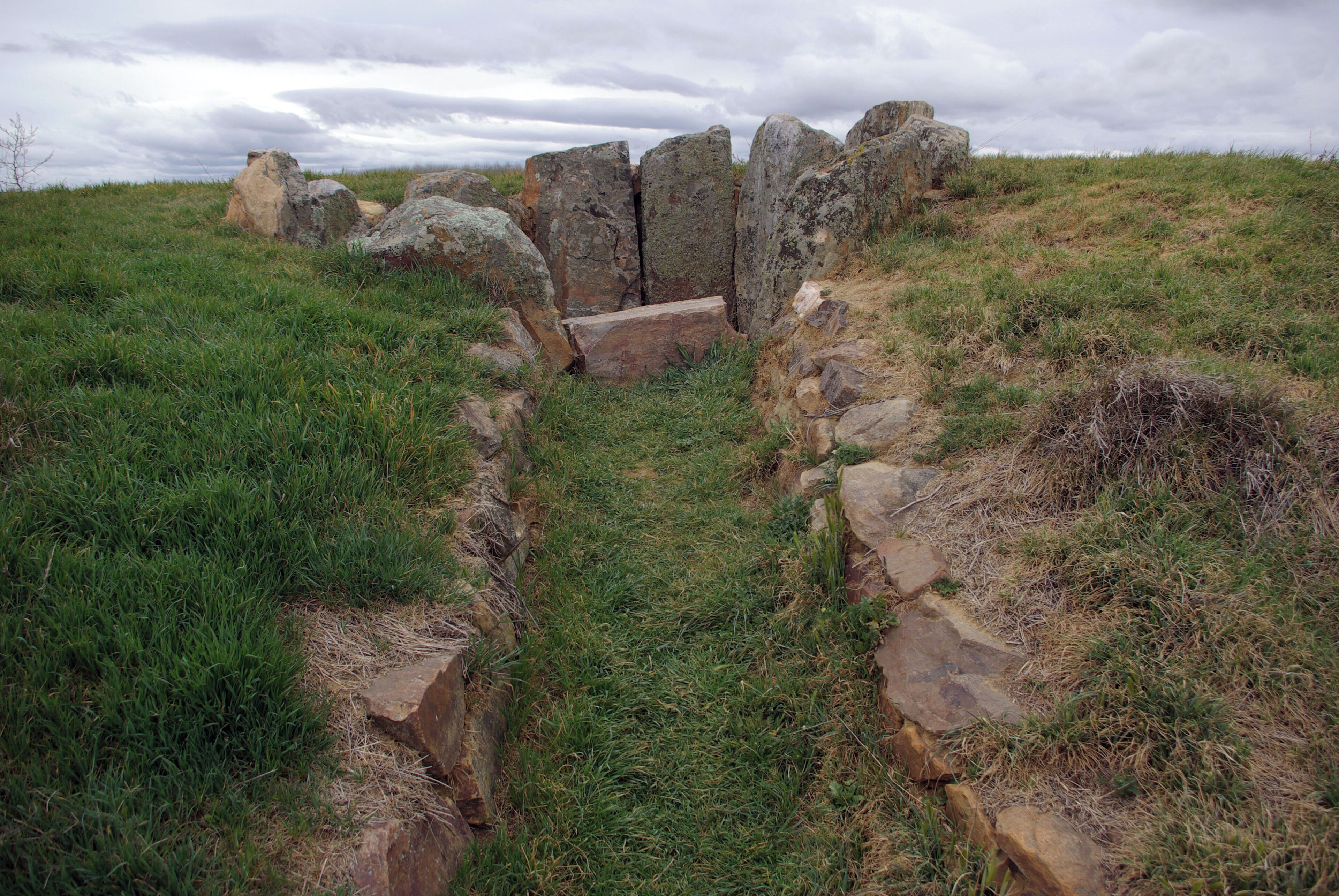 A stone structure with a narrow passageway surrounded by grass and rocks.