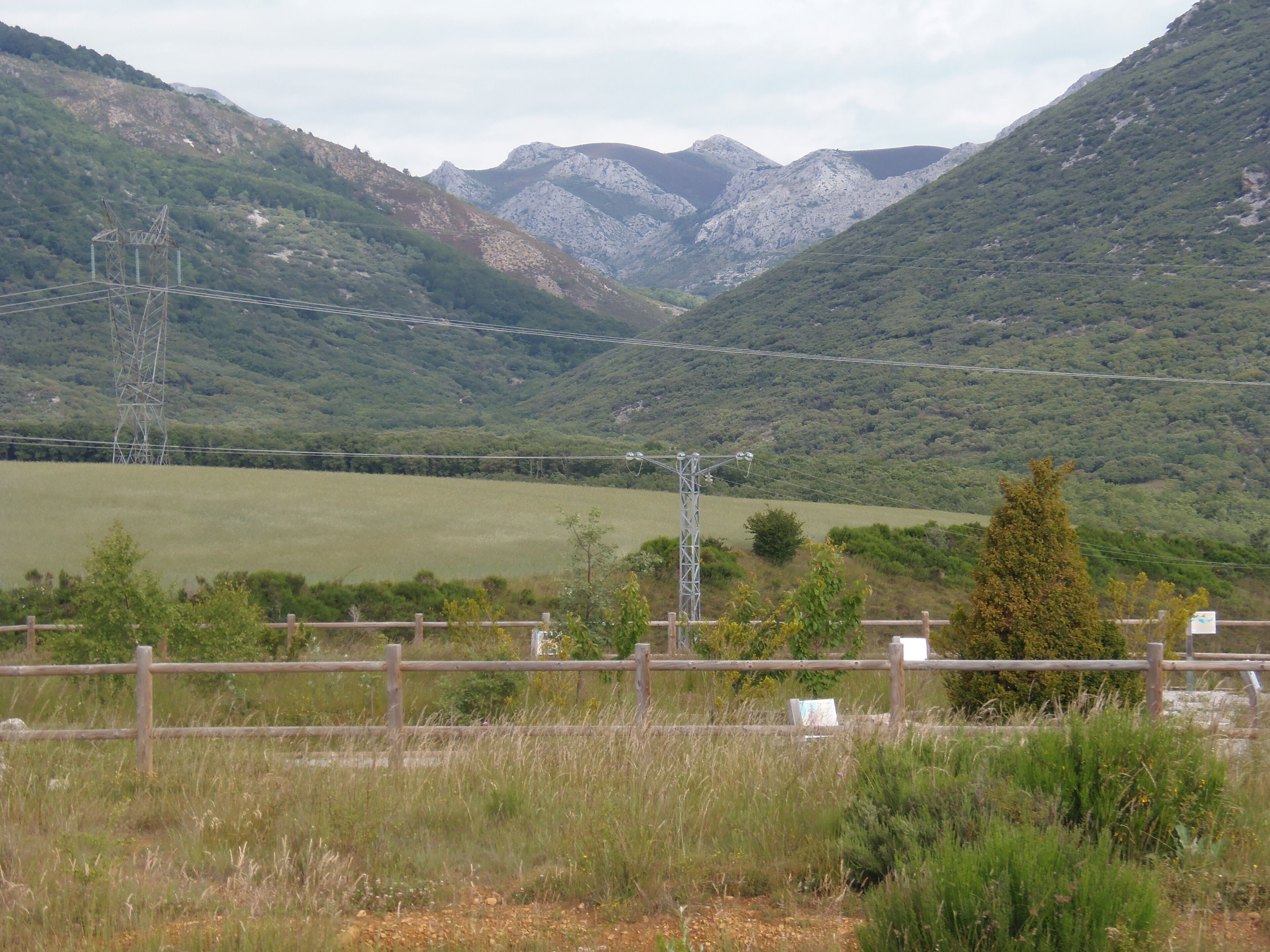 A mountainous landscape with a field, a wooden fence, and power lines.