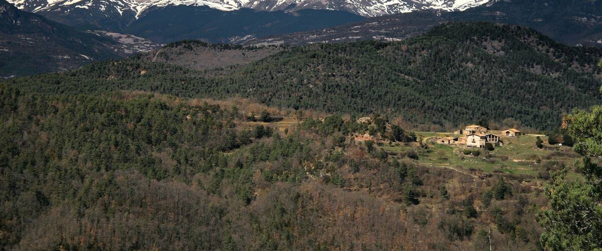 A mountainous landscape with snow-capped peaks, dense forests, and a small village.
