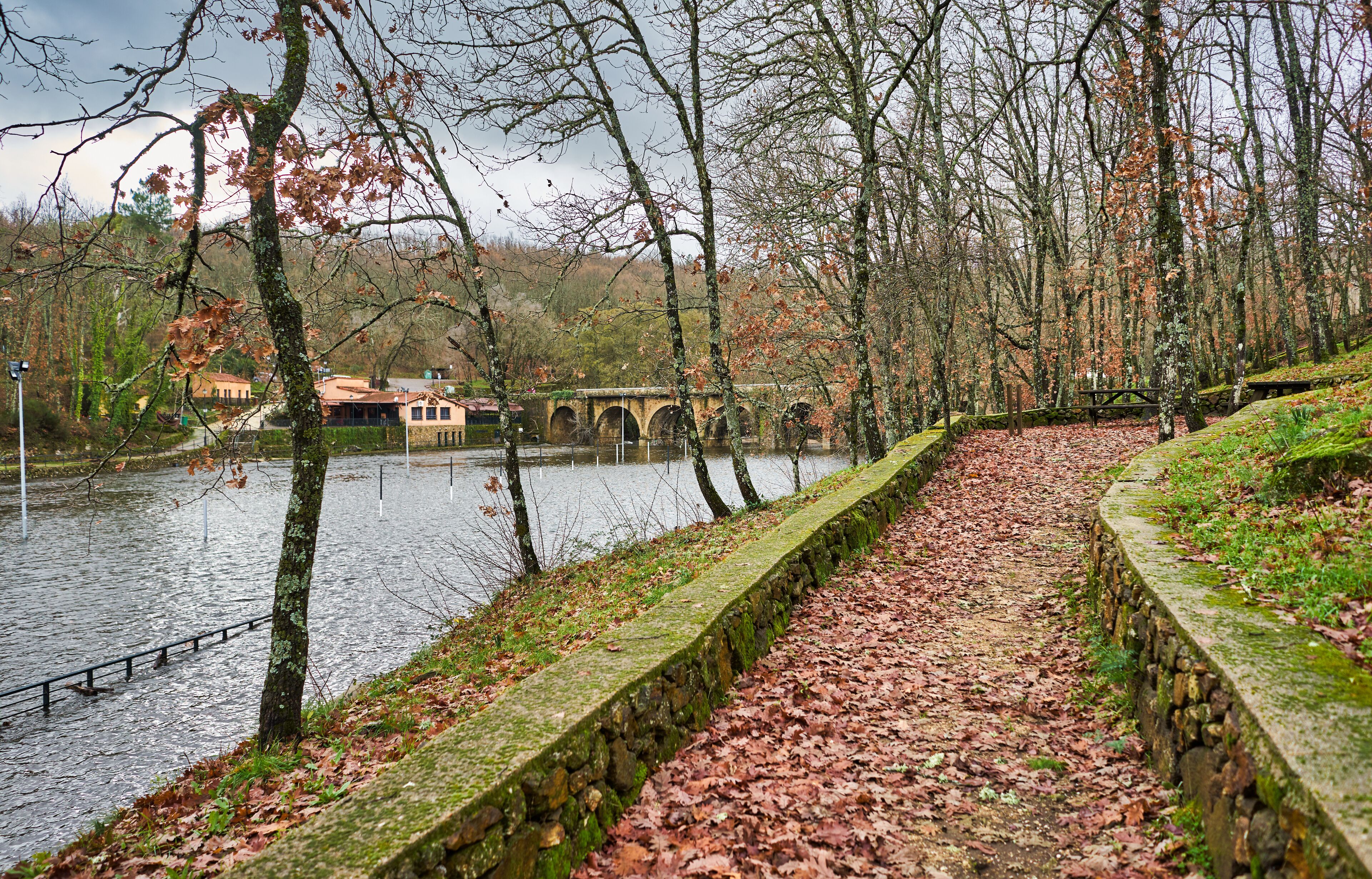 River with large water flow over a bridge in winter. The lake. Jaraíz de la Vera. Spain.
