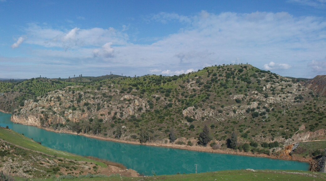 Rio Agrio a la altura del casco municipal de Aznalcóllar que queda a la izquierda de la imagen y fuera de ella. A la derecha están las escombreras de las antiguas minas de pirita. El color turquesa es debido a la contaminación residual que proviene de las escorrentias de las escombreras.