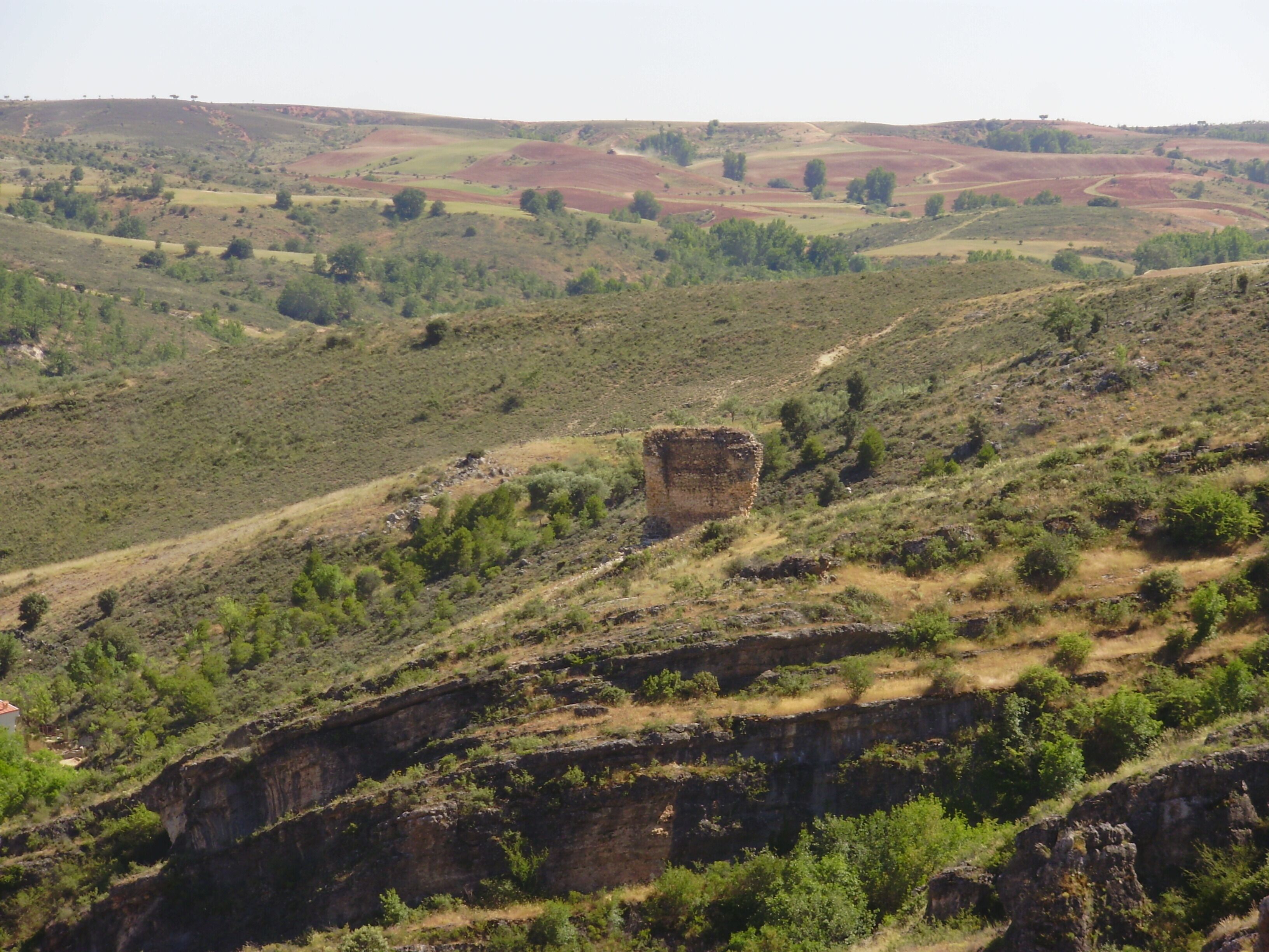 View of a tower in San Andrés del Congosto, Guadalajara, Castile-La Mancha, Spain.