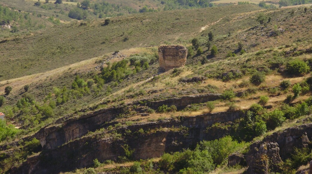 View of a tower in San Andrés del Congosto, Guadalajara, Castile-La Mancha, Spain.