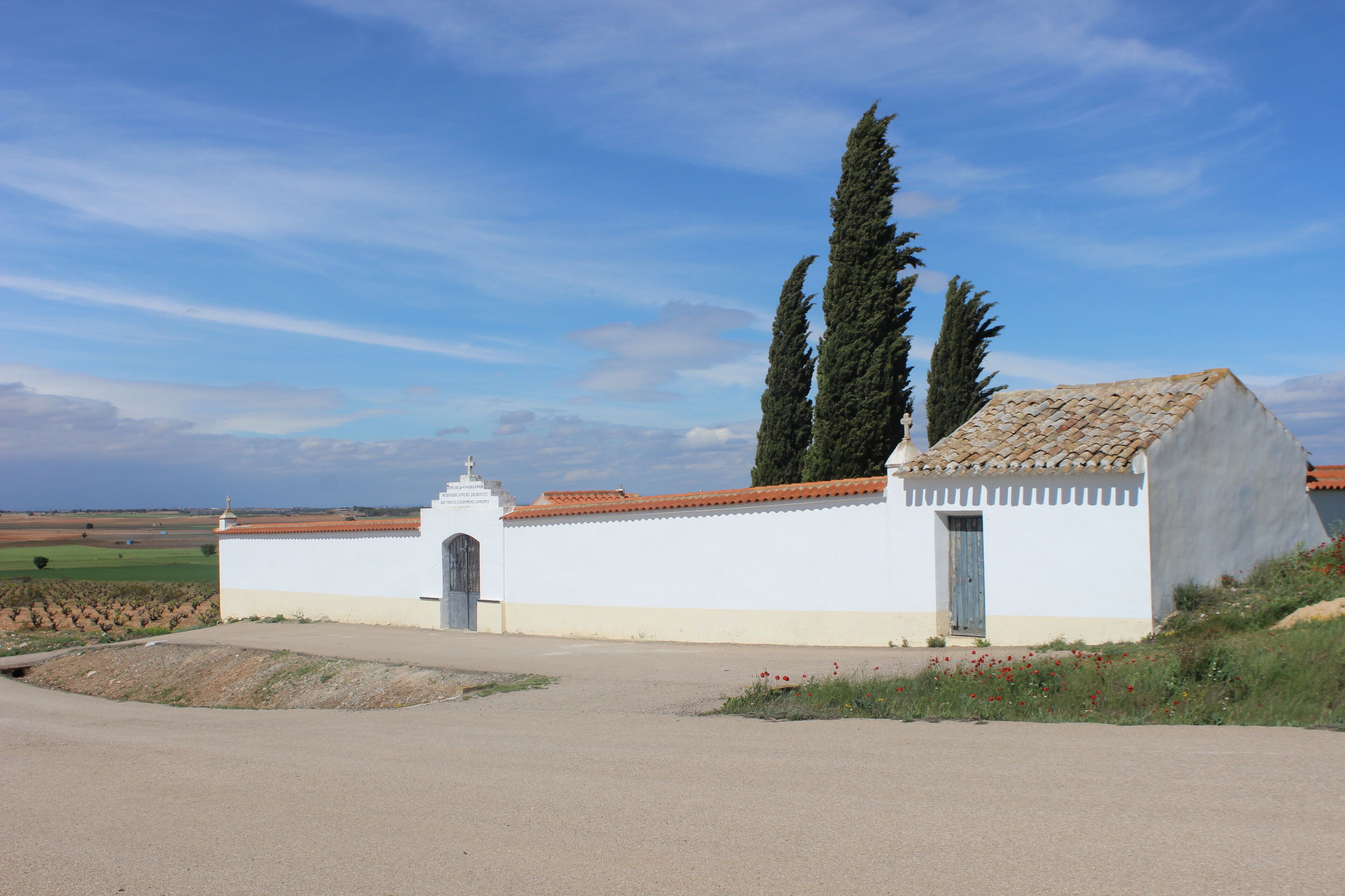 A white church with a tiled roof, surrounded by fields and tall cypress trees.