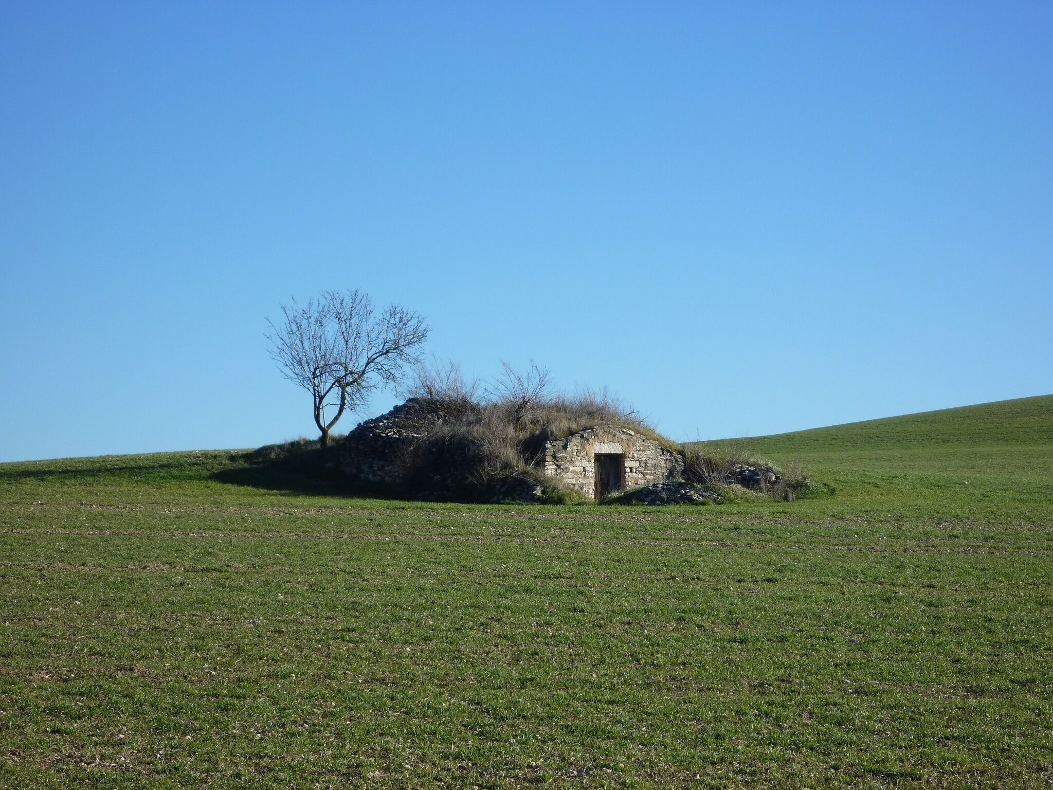 A stone hut on a grassy hill with a clear blue sky.