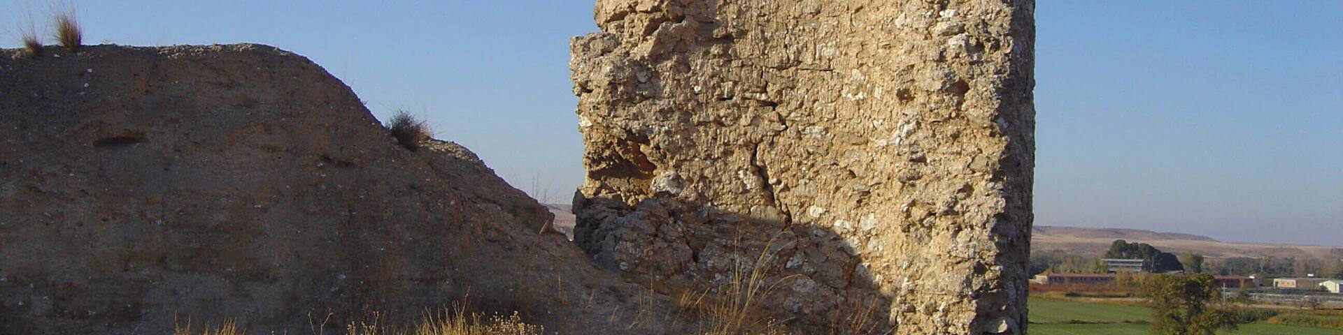 A tall, weathered stone structure in a rural landscape.