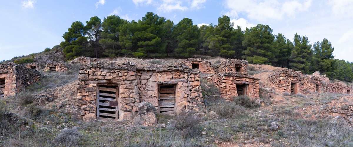 Ancient stone ruins with multiple doorways and windows, surrounded by sparse vegetation and pine trees.