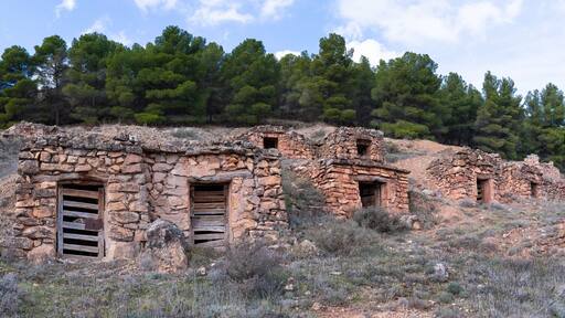 Ruinas de piedra antiguas con múltiples puertas y ventanas, rodeadas de vegetación escasa y pinos.