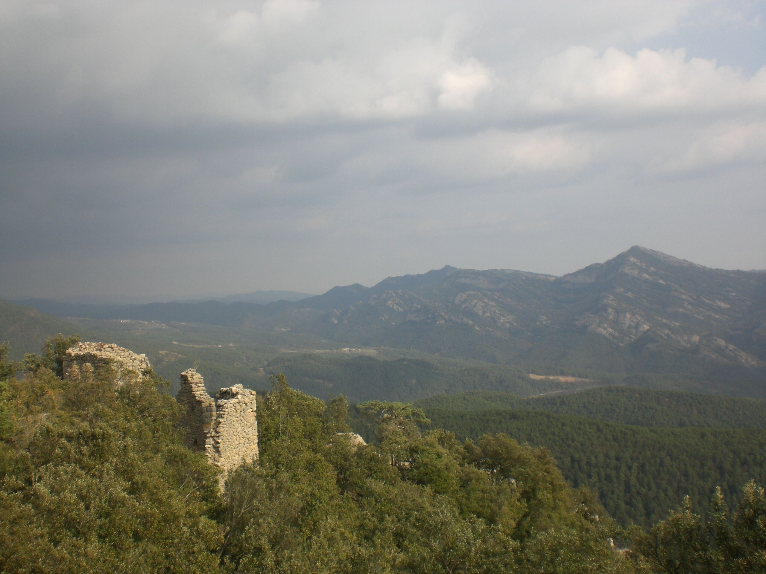 A stone ruin amidst dense forest, with mountains in the background.