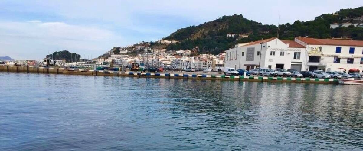 A coastal town with clear waters, a marina, and buildings along the shore.