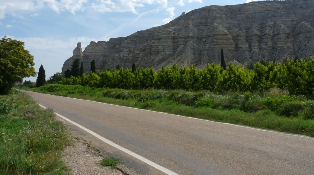 Rueda de Jalón - Carretera Épila/Rueda - Riscos con castillo de Rueda (s. IX - XII) al fondo