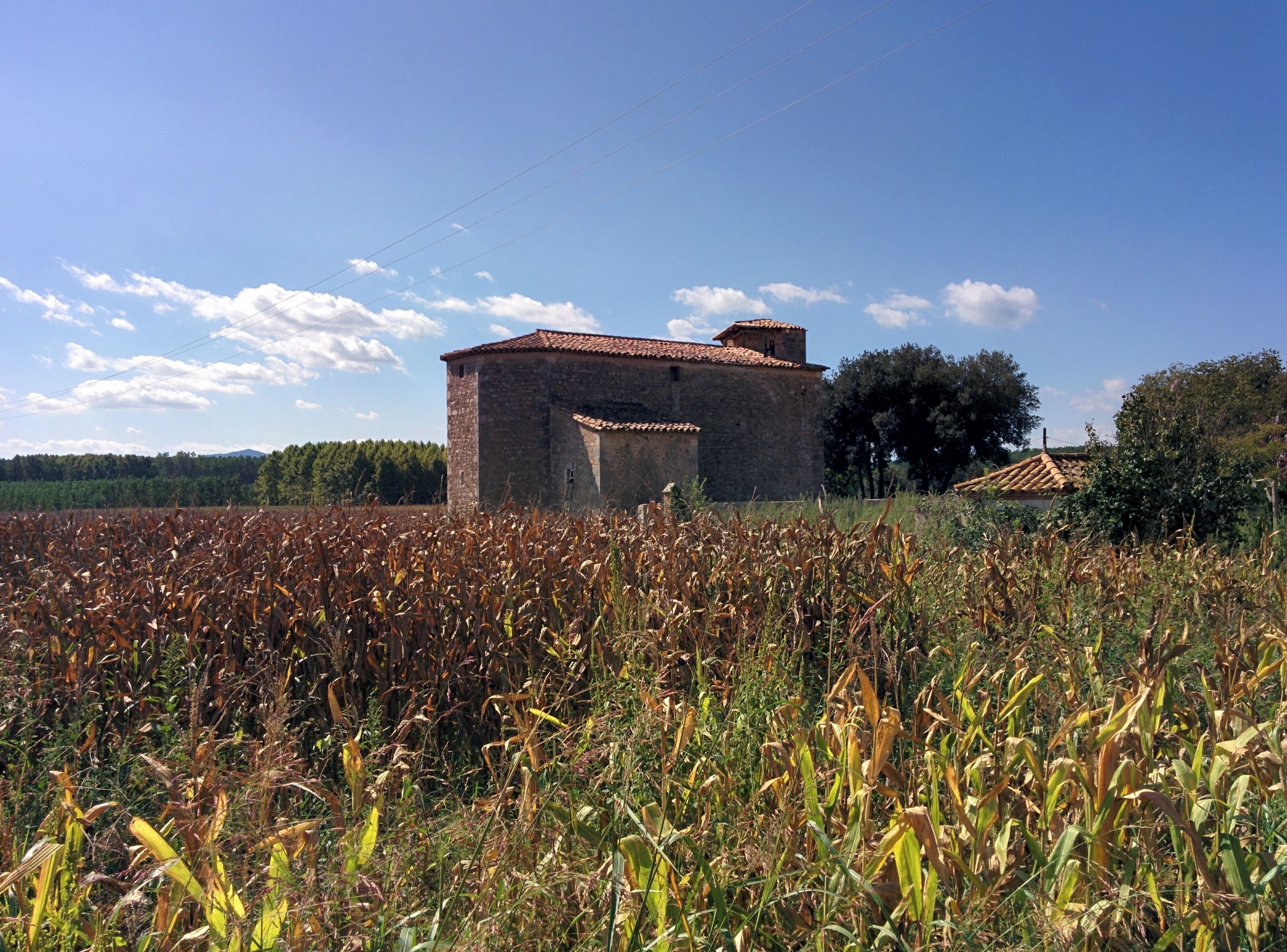 A rural landscape with a stone building, a field of corn, and a clear blue sky.