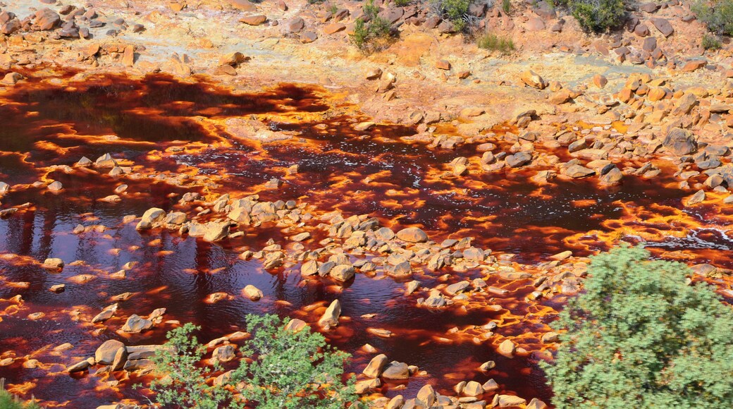 The Río Tinto (« red river »), spanish river of Andalusia (Spain) photographied from the touristic train of the Parque Minero de Riotinto, between Nerva and Berrocal (province of Huelva).