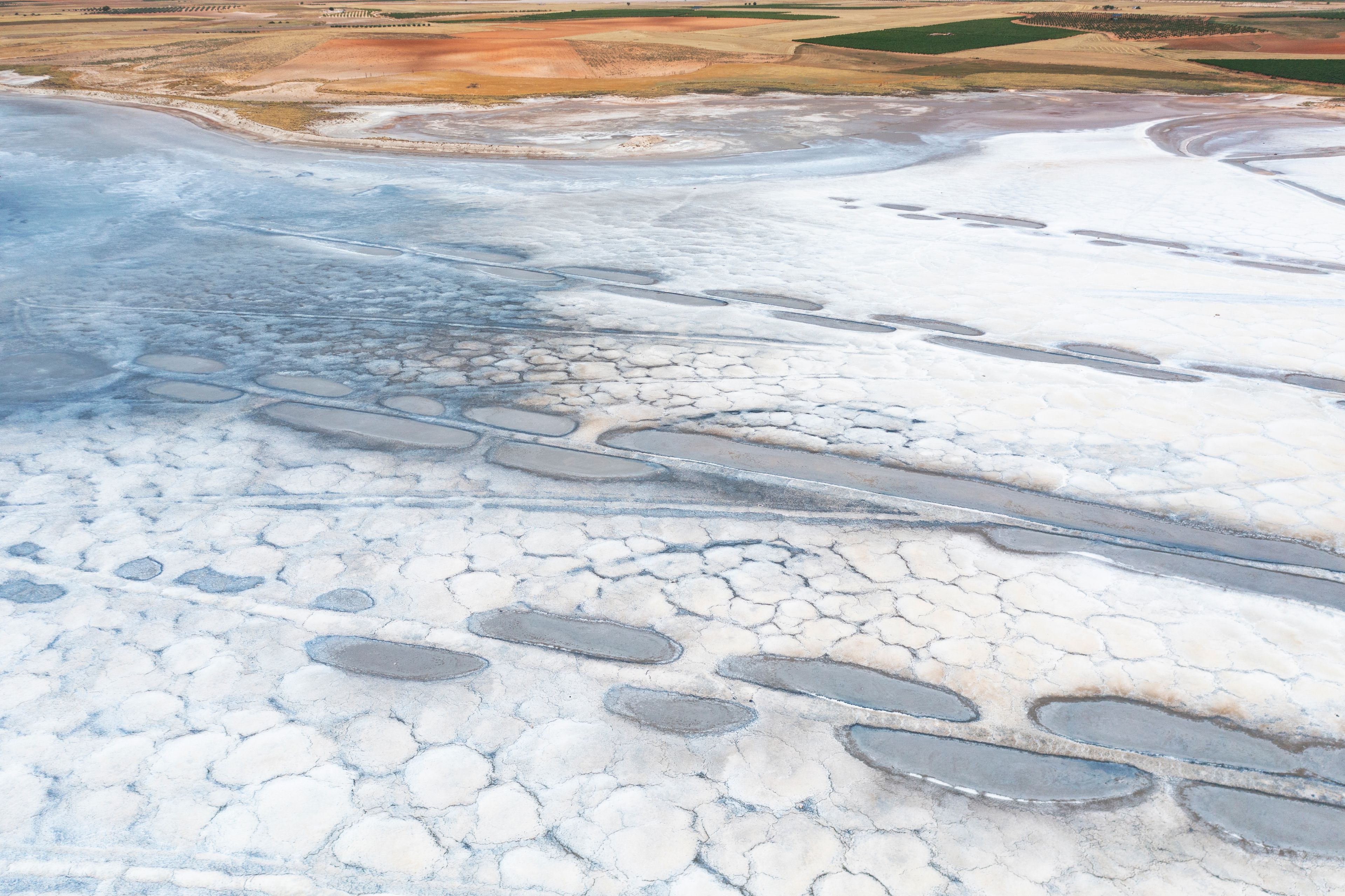 Aerial view of salt extraction ponds in Quero, Toledo, Spain