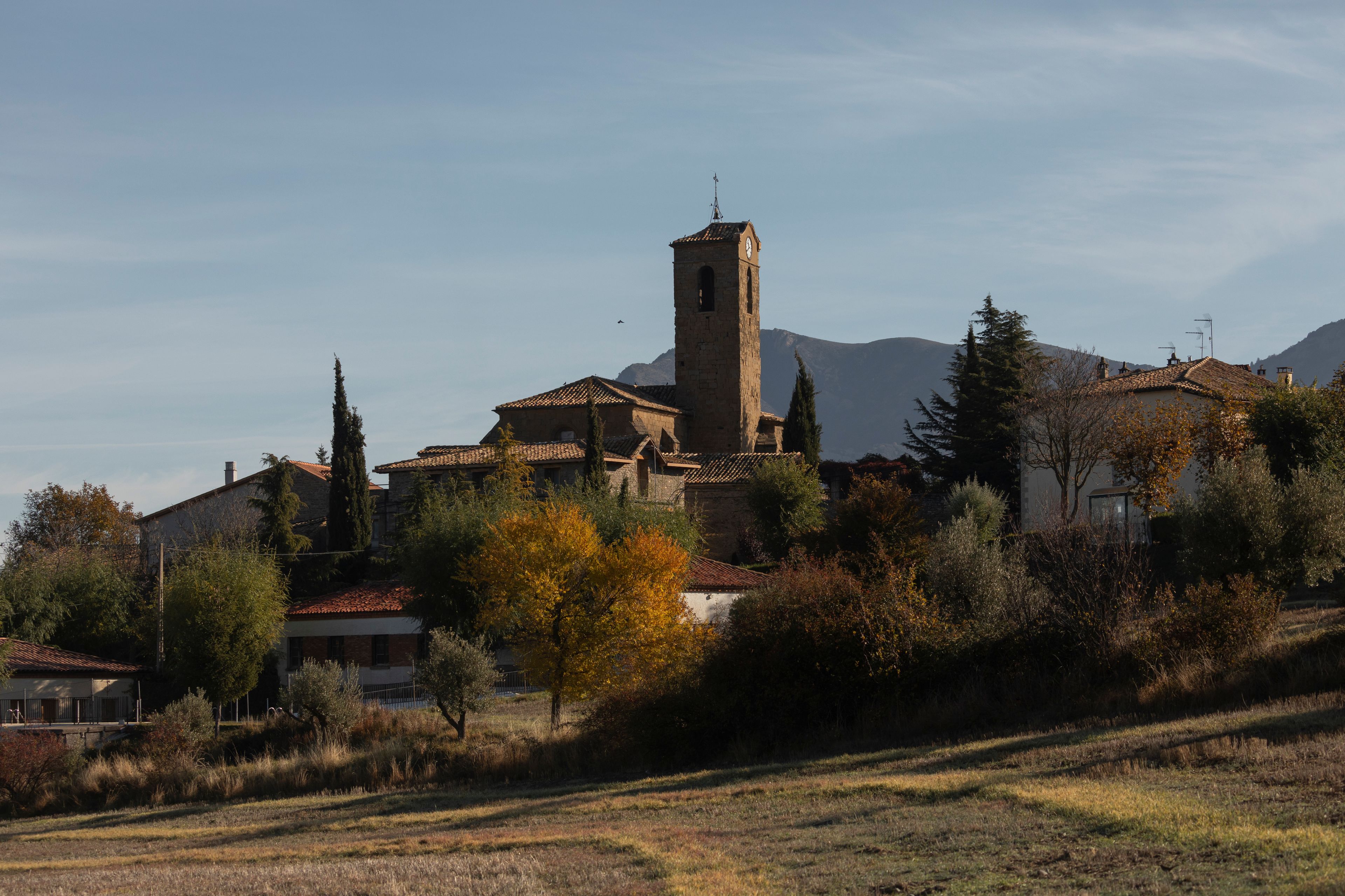 A historic town with a prominent church tower, surrounded by trees and buildings.