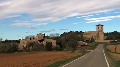 Un camino rural serpentea entre campos, con edificios de piedra y una iglesia con campanario.