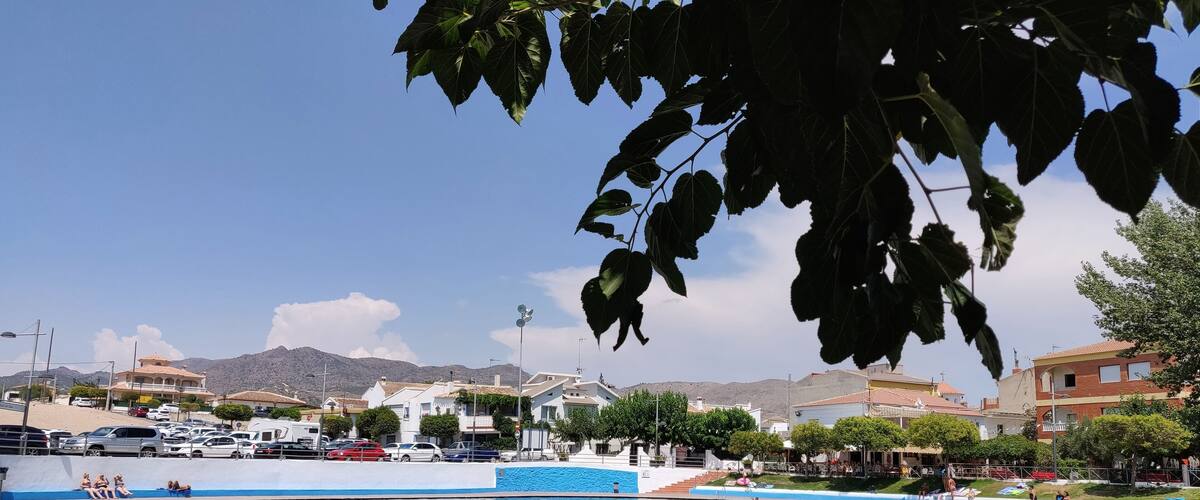 A swimming pool surrounded by buildings and trees.