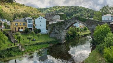 Eine Stebrücke über einem Fluss, umgeben von Häusern und Grünflächen.