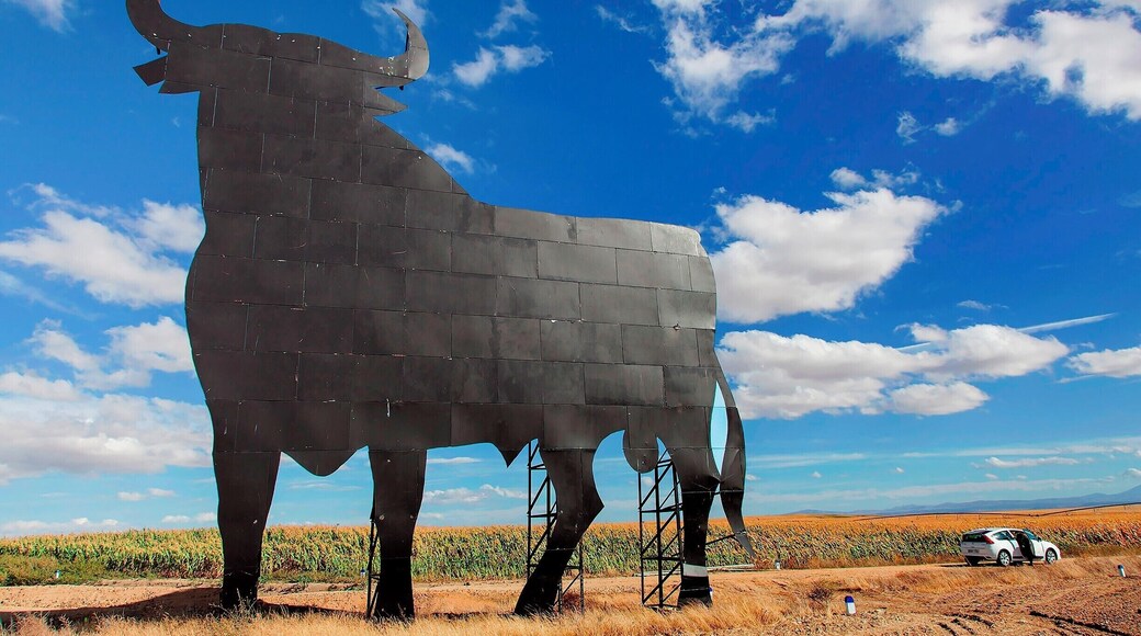 Spend any time driving around Spain and you're likely to encounter a bullboard. These giant 46ft tall (14m) bulls have a lively history. The first ones went up in the 1950s as a marketing campaign for the Osborne sherry company (est 1772). At that time they were only 23ft tall (7m) tall and had a red brand emblazoned on them. A decade later the regulations changed, forcing the signs further from freeway. To compensate, Osborne doubled their height.
That worked for quite a while, but by the 1990s there was a government backlash against ugly billboards along the highways. The Toros started to come down, only to be saved by an outpouring of public support for the now iconic signs. President Felipe Gonzalez relented and allowed the signs to remain, under the condition that the branding be removed.
By this time the Osborne brand was firmly associated with the bulls, so the branding on the bulls was largely superfluous. Think of the bulls like the Golden Arches - there's just no need to say anything more.
Some 90 or so bullboards still dot the Spanish landscape. This one near Salamanca is relatively easy to visit, as it stands next to a cell tower with an easy-to-access service road. For a map of the sign locations, check out this site: http://bit.ly/1AtG0oB