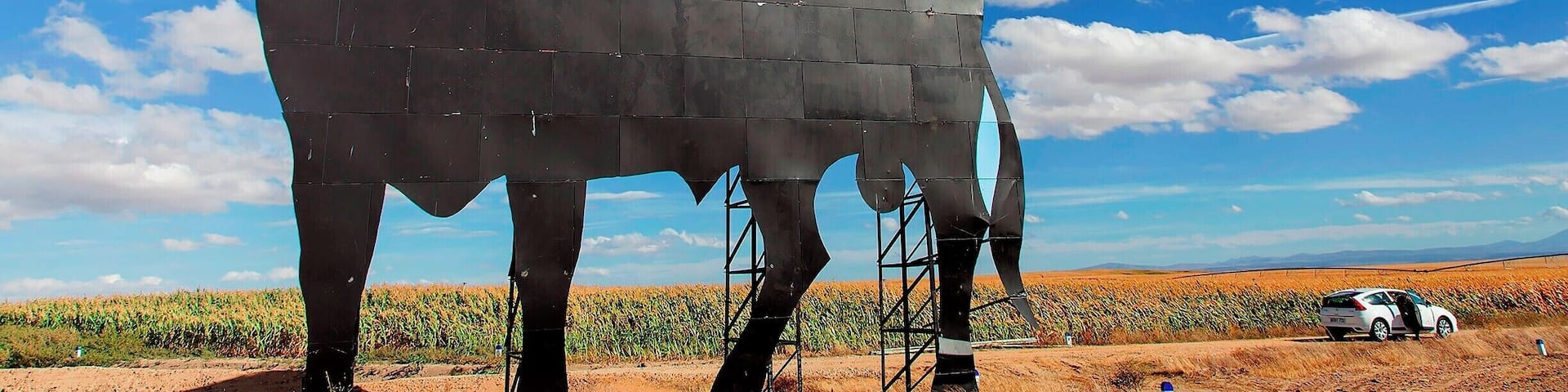 Spend any time driving around Spain and you're likely to encounter a bullboard. These giant 46ft tall (14m) bulls have a lively history. The first ones went up in the 1950s as a marketing campaign for the Osborne sherry company (est 1772). At that time they were only 23ft tall (7m) tall and had a red brand emblazoned on them. A decade later the regulations changed, forcing the signs further from freeway. To compensate, Osborne doubled their height.
That worked for quite a while, but by the 1990s there was a government backlash against ugly billboards along the highways. The Toros started to come down, only to be saved by an outpouring of public support for the now iconic signs. President Felipe Gonzalez relented and allowed the signs to remain, under the condition that the branding be removed.
By this time the Osborne brand was firmly associated with the bulls, so the branding on the bulls was largely superfluous. Think of the bulls like the Golden Arches - there's just no need to say anything more.
Some 90 or so bullboards still dot the Spanish landscape. This one near Salamanca is relatively easy to visit, as it stands next to a cell tower with an easy-to-access service road. For a map of the sign locations, check out this site: http://bit.ly/1AtG0oB
