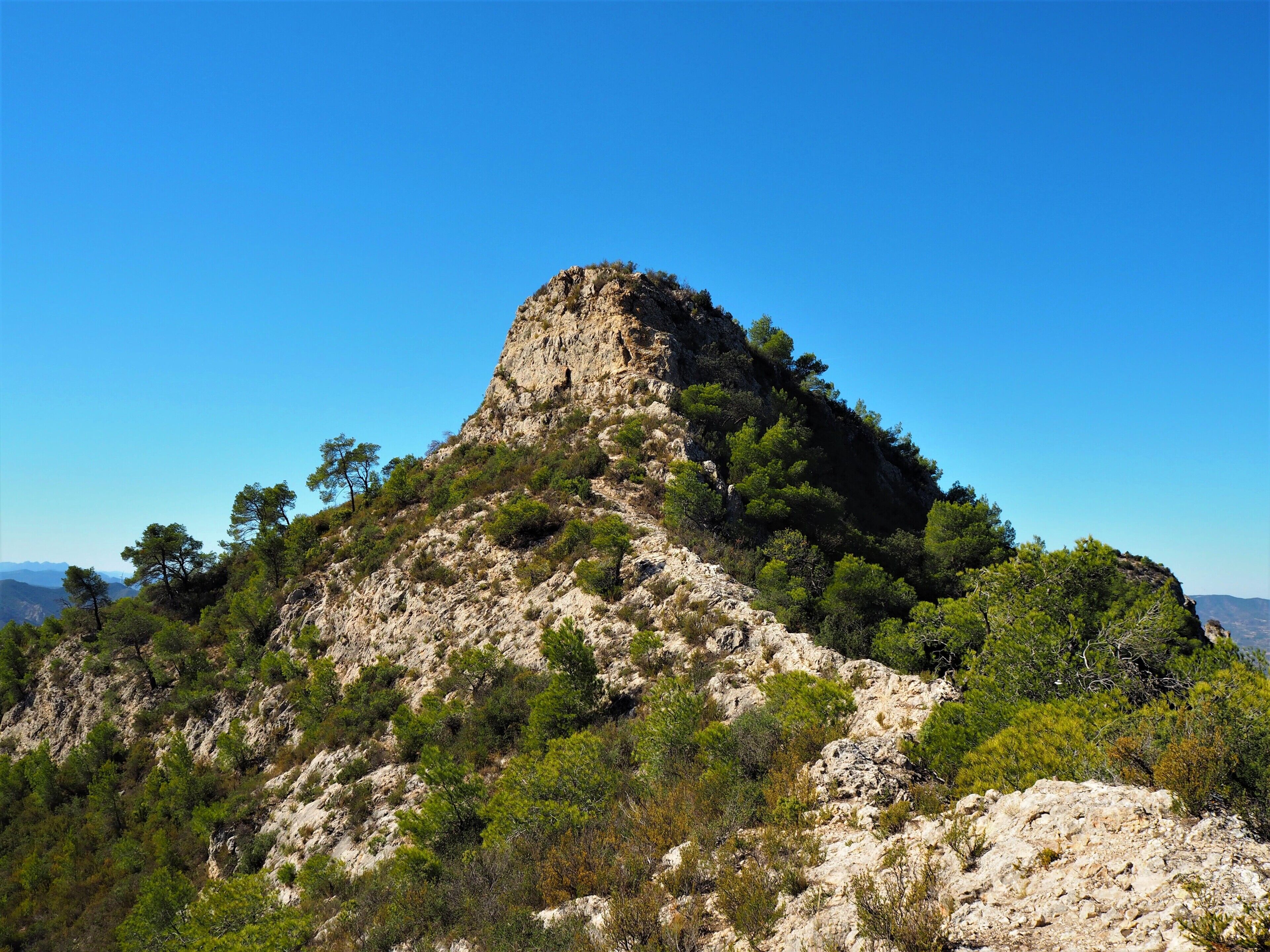 A rugged mountain with dense green vegetation and rocky terrain under a clear blue sky.