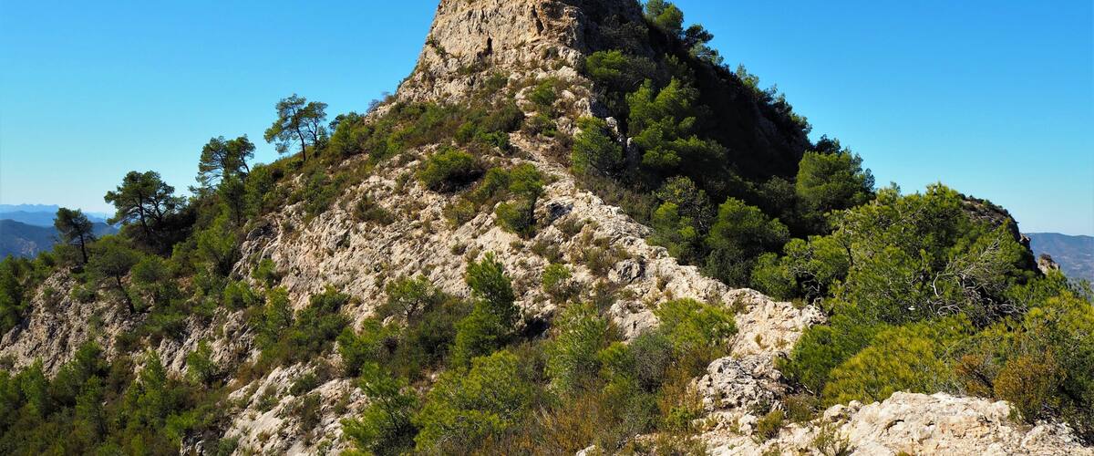 A rugged mountain with dense green vegetation and rocky terrain under a clear blue sky.