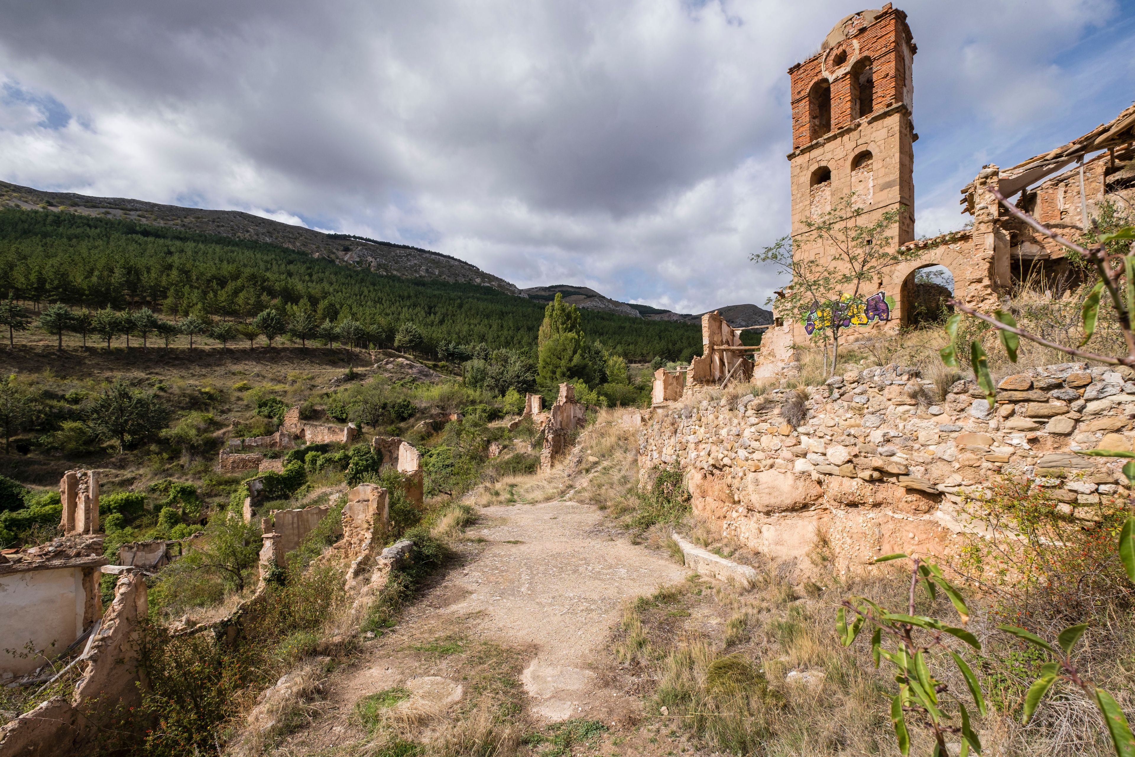 Paisatge rural amb una torre de pedra en ruïnes, un camí de terra i un turó forestal al fons.
