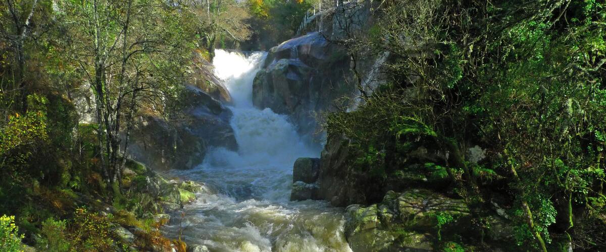 A waterfall surrounded by lush greenery and rocky terrain.