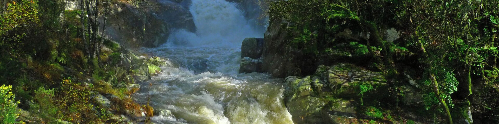 A waterfall surrounded by lush greenery and rocky terrain.
