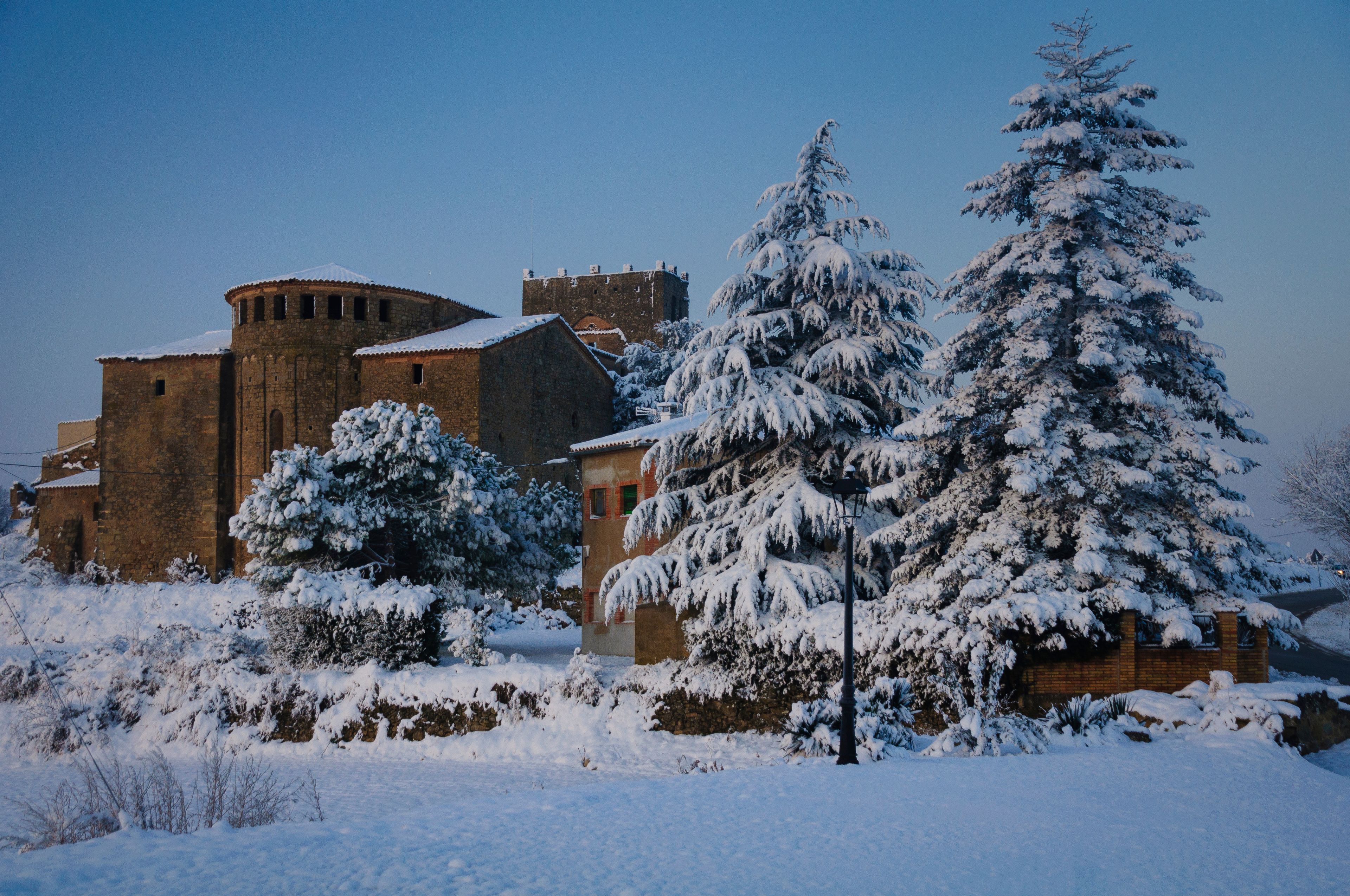 Snowy Serrateix Monastery in a winter sunrise (Berguedà, Barcelona, Catalonia, Spain)
