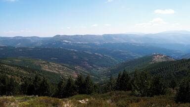 A mountainous landscape with dense forests and rolling hills under a clear blue sky.
